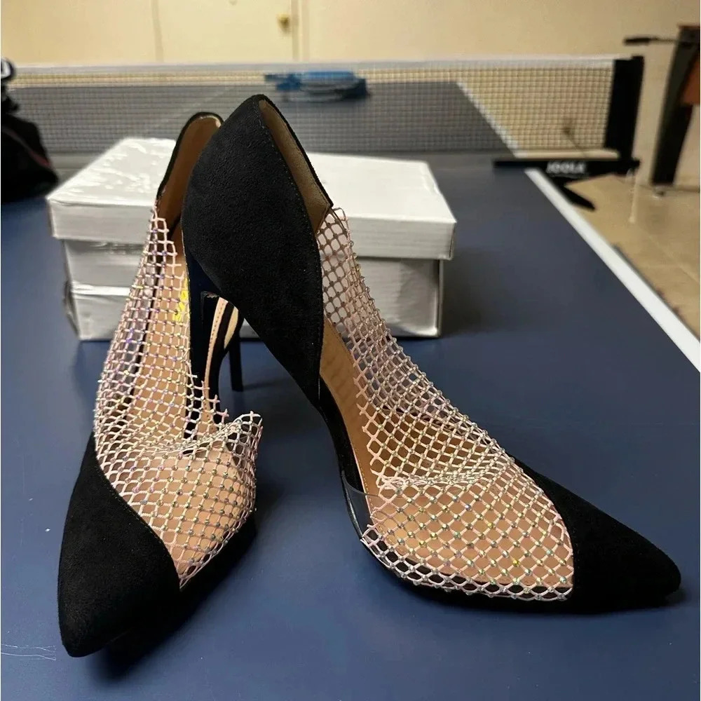Diamond fishnet pumps heels black size 8.5